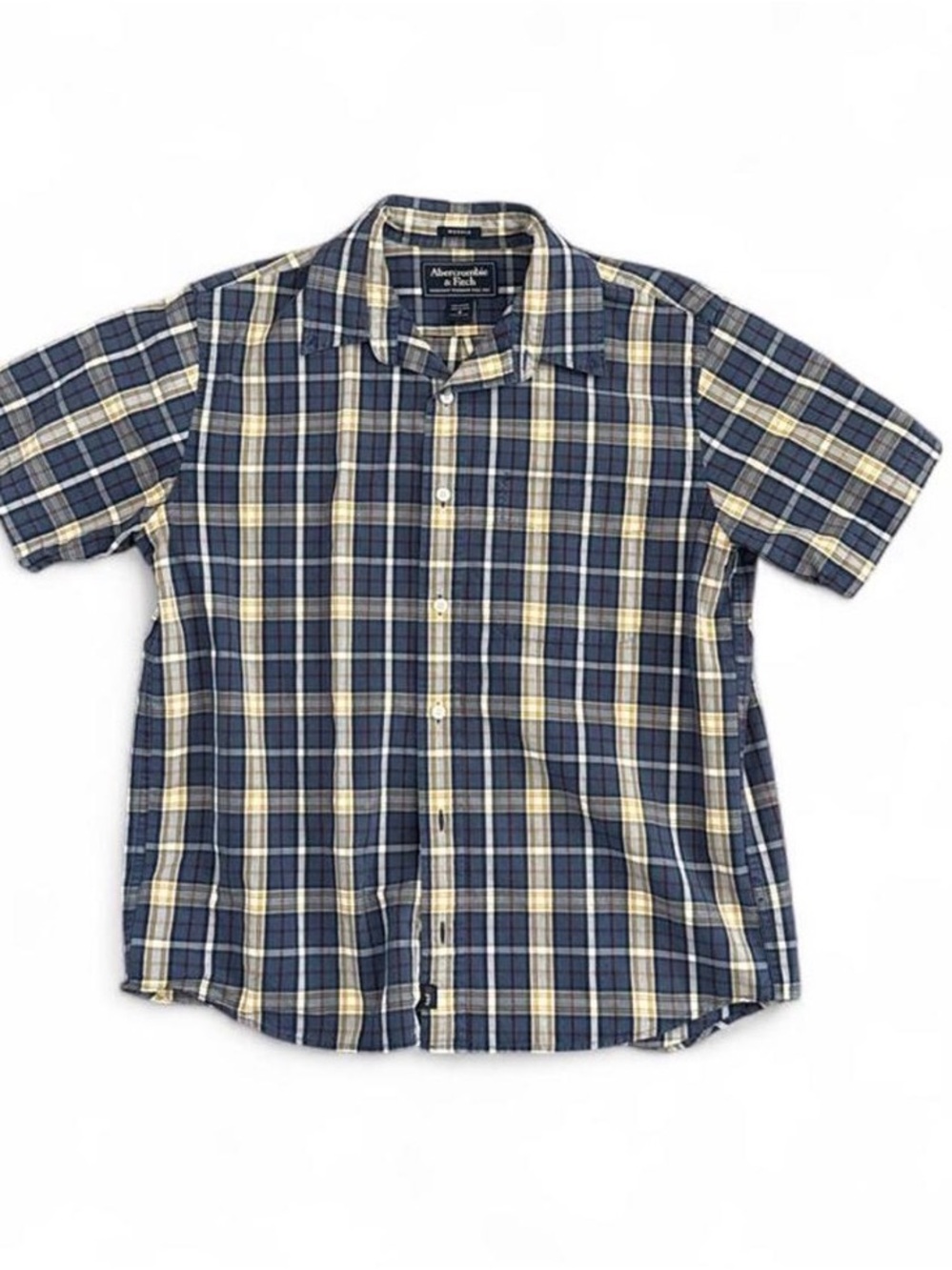 Abercrombie & Fitch Navy and Cream Plaid Short-Sleeve Button-Down Shirt